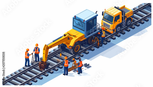 Isometric Illustration of Railway Maintenance Crew Repairing Train Tracks with Excavator and Truck