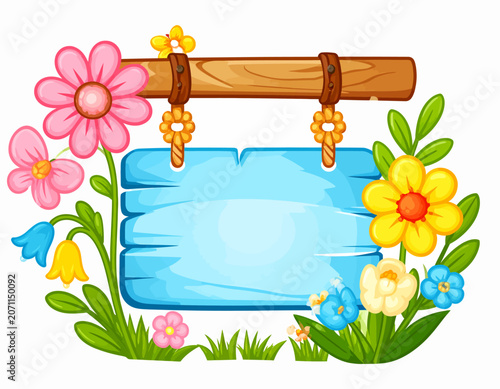 Blank Hanging Wooden Signage with Spring Flower Border and Green Leaves