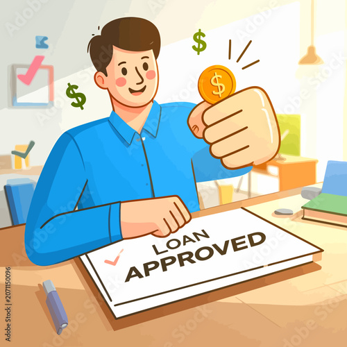Loan Approval Concept, Happy Man Holding Golden Coin with Approved Document