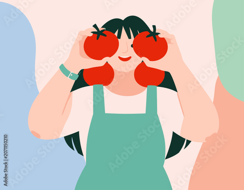 Flat vector illustration of a young girl holding two red tomatoes over her eyes
