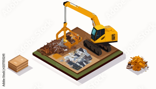 Isometric Excavator Sorting Scrap Metal and Waste in Recycling Facility
