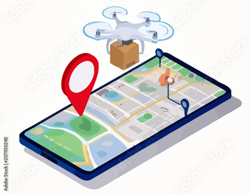 Drone delivery concept with map navigation on a smartphone screen, isometric illustration