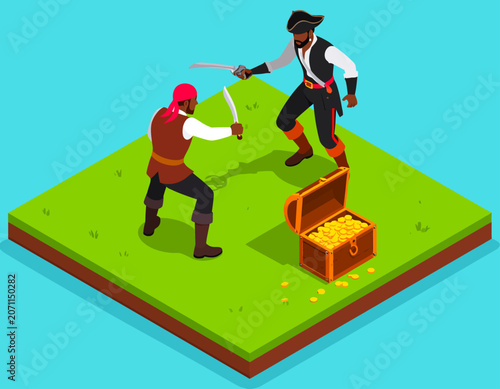 Pirates Fighting Over Treasure Chest Illustration.