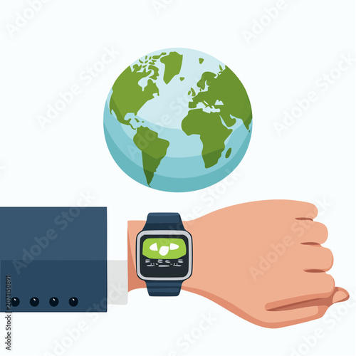 Flat design illustration of a smartwatch on a hand with a globe