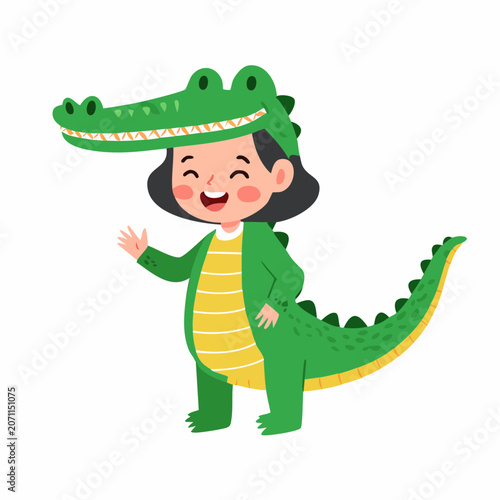 Happy child wearing a green alligator costume and waving