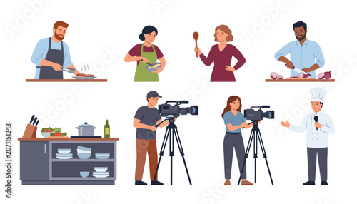 Photos Cooking TV show production team vector illustration set