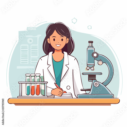 Scientist working in a laboratory with microscope and test tubes