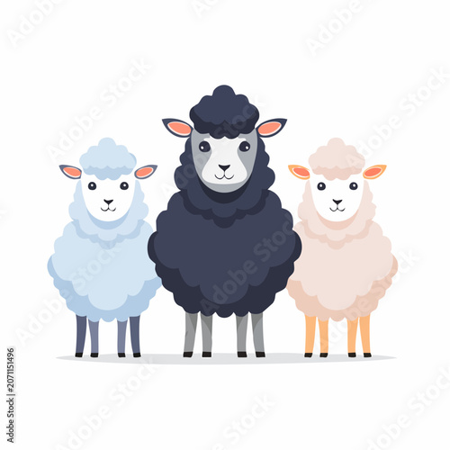 Three cute sheep, one black, one light blue, one pink, in flat design