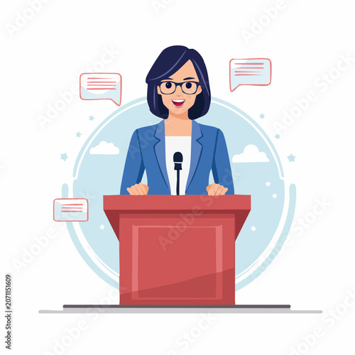 Woman Speaking at Podium with Speech Bubbles