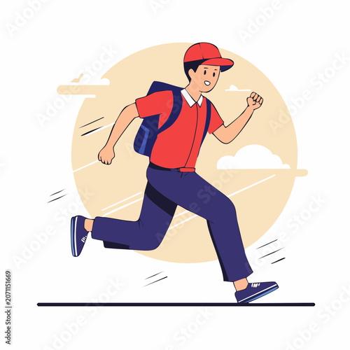 Boy running with backpack, flat illustration style