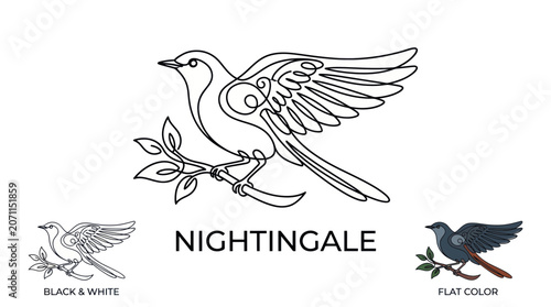 Elegant Bird Silhouette with Twig, Black and White Line Art Illustration