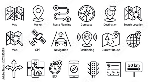 Photos Navigation and GPS mapping outline icon set.