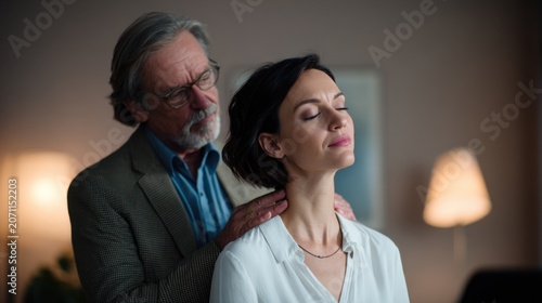 Older man gives a relaxing neck massage to a woman with eyes closed