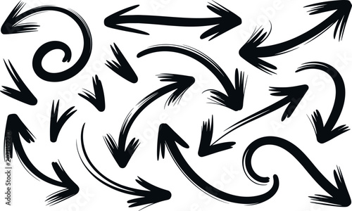 A dynamic collection of hand-drawn black ink brushstroke arrows pointing in various directions with an energetic grunge style.