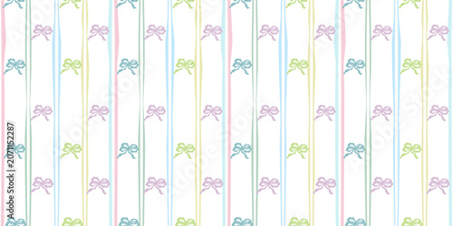 Quadro su tela Soft Ribbon Pattern: A whimsical and gentle pattern featuring pastel colored ribbons on a vertical striped background, evoking a sense of innocence and sweetness