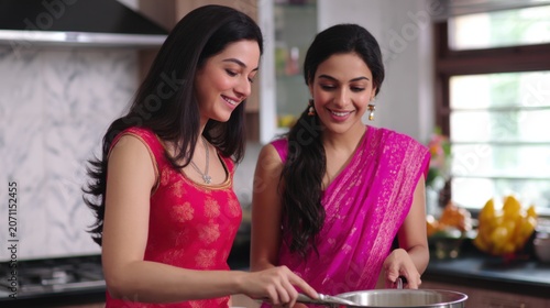 Two smiling women in traditional Indian attire cooking together in a kitchen