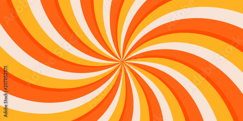 Swirling radial stars background. Y2k orange starburst pattern. Retro groovy spiral twirl. Wave twist line wallpaper. Comic sun rays. Retro design poster. Vector illustration