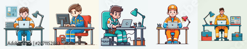 Photography Electrical Engineer Working on Laptop at Desk, Industrial Technician Office Work