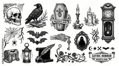 Gothic Horror Elements: Skull, Raven, Coffin, Candles, Bats, Clock, Spooky Decor