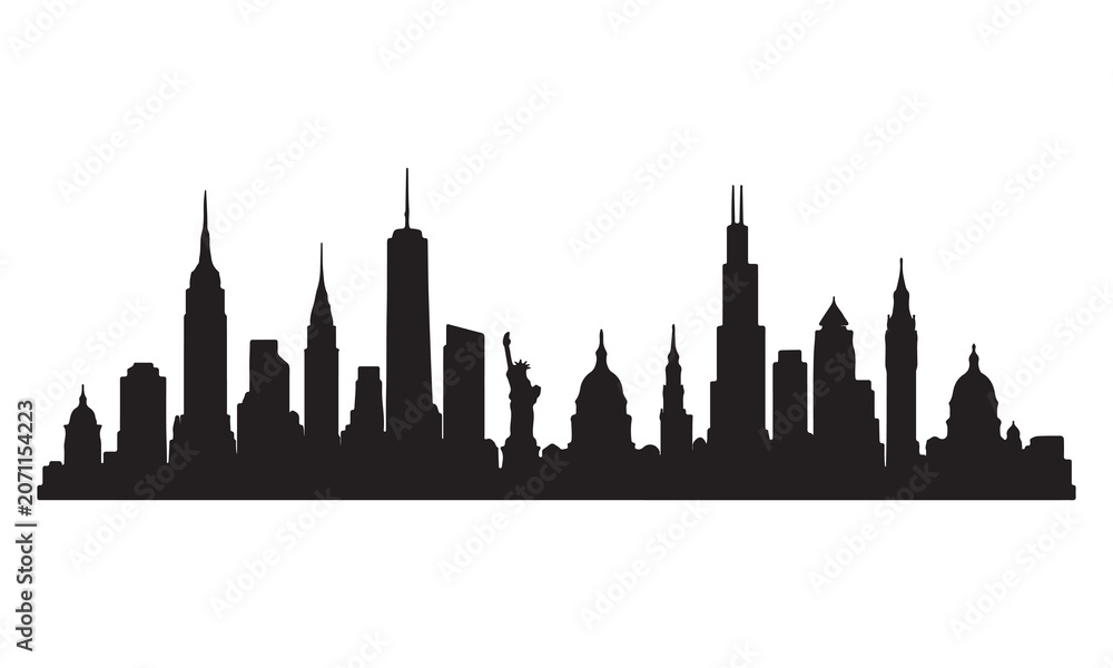 Fototapeta premium Detailed black silhouette of the New York city skyline with iconic buildings and statues.