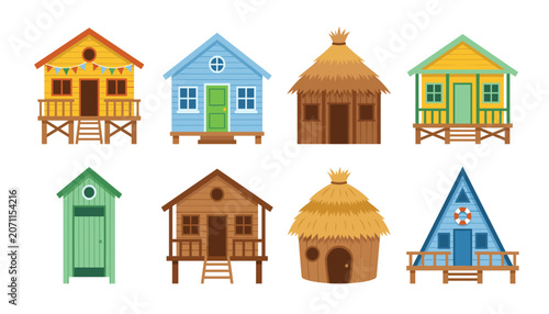 Beach huts vector isolated. Tropical resort houses, wooden bungalows, straw huts, cabins, clear background graphic elements.