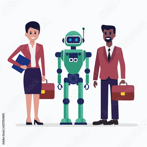 Robot and business people in flat design style