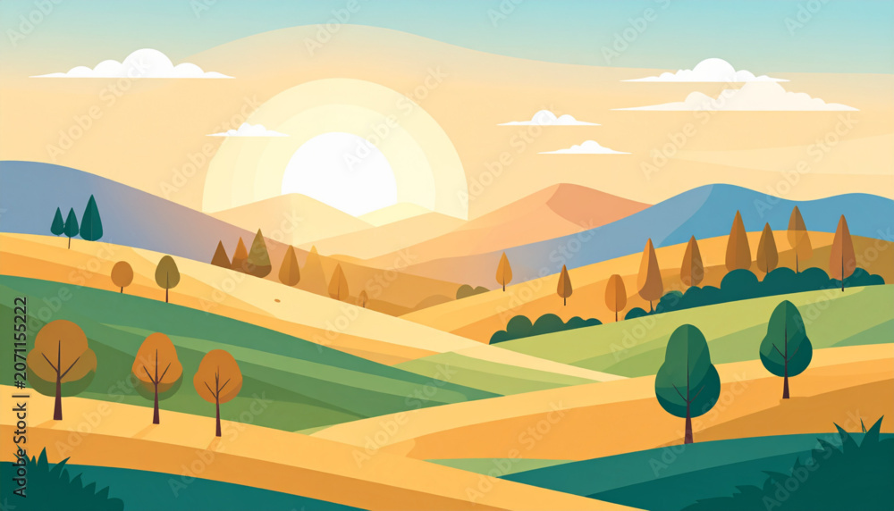 Fototapeta premium Flat Sunrise Hills Vector