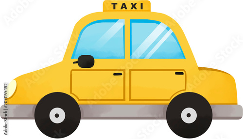 Fotografie Cute yellow taxi cab illustration for kids nursery and fun city transport themes