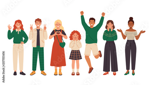 People showing positive emotions. Diverse characters jumping with joy, making heart gesture, smiling, gesturing peace and ok sign.