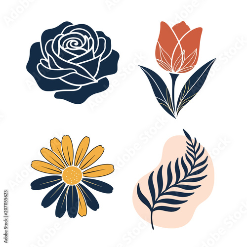 Set of four minimalist floral botanical elements featuring a rose tulip daisy and fern leaf.