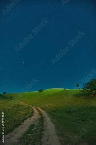 Starry field landscape with winding dirt roads on green hills.