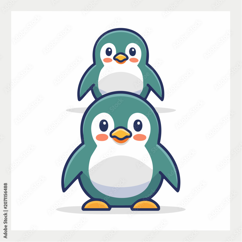 Obraz premium Cute cartoon penguins stacked on white background