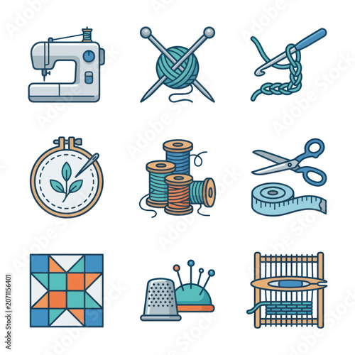 Sewing tools and equipment icons set.