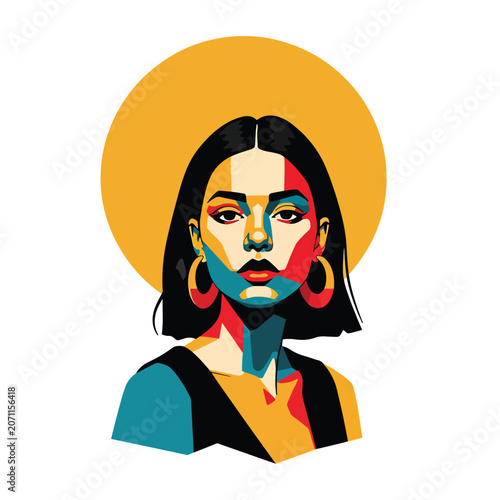 Stylized Pop Art Portrait of a Young Woman with Geometric Colors.