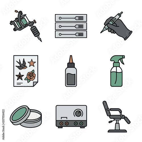 Tattoo equipment and supplies collection.