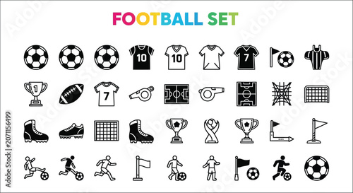 Bild auf Leinwand Football set vector illustration featuring soccer balls jerseys cleats and goal