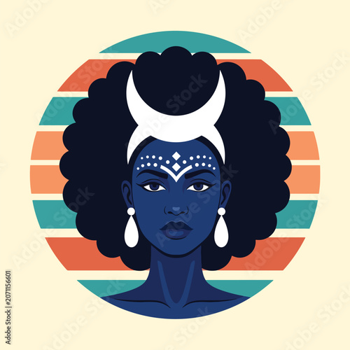 Stylized portrait of a woman with crescent moon headpiece and tribal face art.