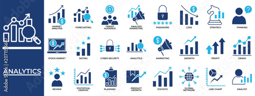 Analytics icon set collection. Containing trust, value, increase, review, loss, profit, audience .Solid vector icons collection