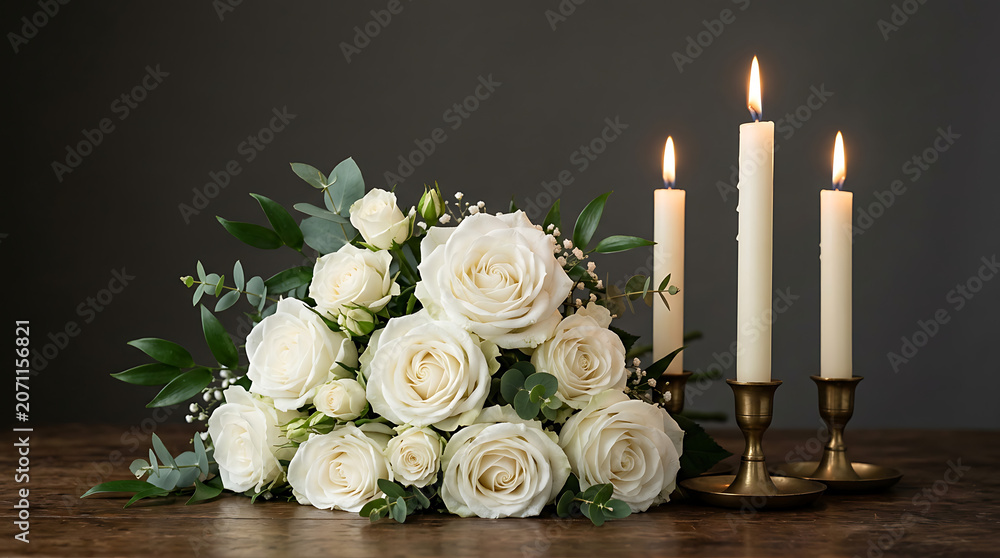 Obraz premium Elegant arrangement of white roses and greenery with softly glowing candles creating a serene and sophisticated floral display