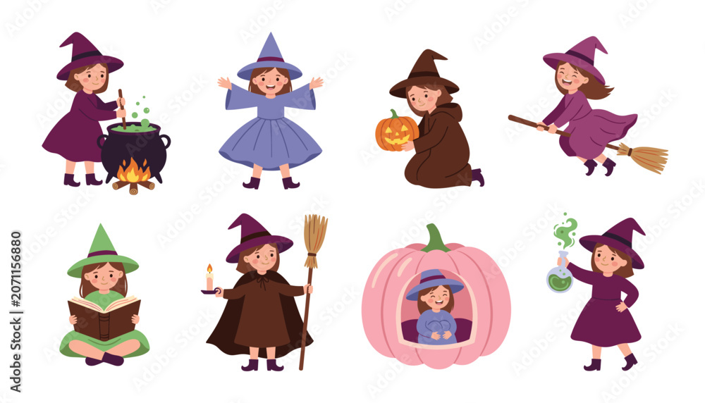 Fototapeta premium Cute little witch characters. Halloween girl wizard holding broomstick, brewing potion, reading spell book, carrying pumpkin lantern.