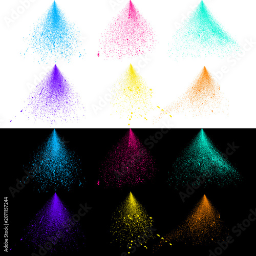 Colorful Powder Explosion Burst Set on 
Transparent PNG Background with Multiple 
Color Variations for Holi Festival Design