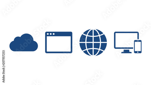 Blue icons of cloud, browser window, globe, computer monitor, and smartphone