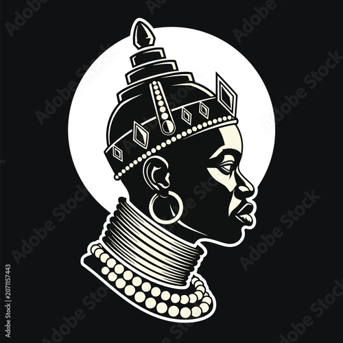 Stylized African Queen Portrait in Minimalist Black and White Vector Illustration.