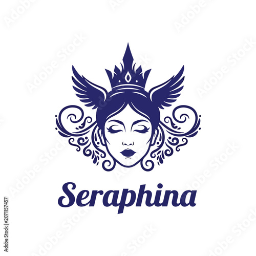 Elegant Seraphina Logo Design with Winged Goddess and Crown.