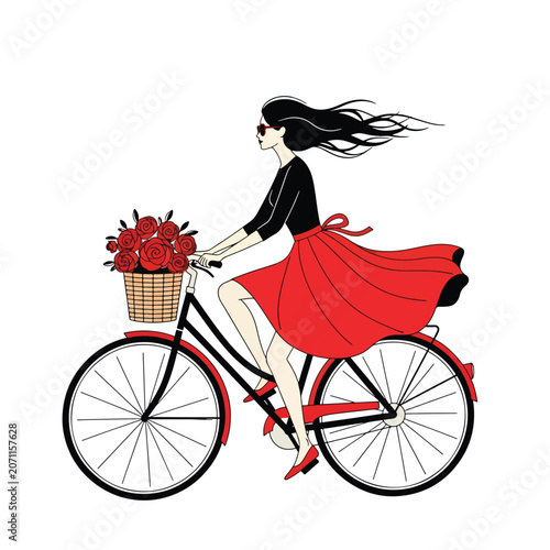 Elegant woman riding a vintage bicycle with a basket of red roses.