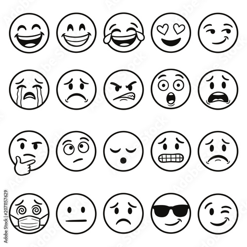 A collection of various outline style emoji faces displaying different human emotions and expressions.
