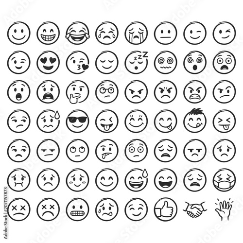 A comprehensive collection of various hand-drawn emoji face expressions and icons arranged in a grid.