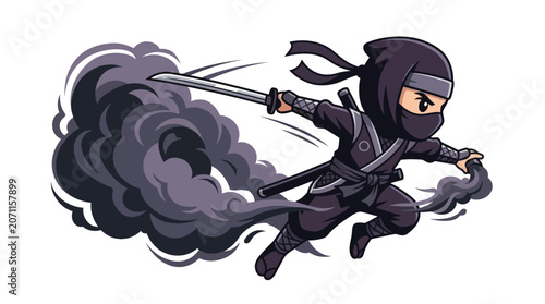 Chibi ninja character in black outfit running and attacking with a katana, featuring a large dark purple smoke cloud effect behind him, flat vector illustration on a white background.