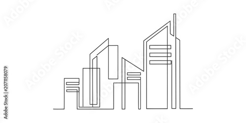 A minimalist line drawing of a modern city skyline with sleek skyscrapers and buildings isolated on white background