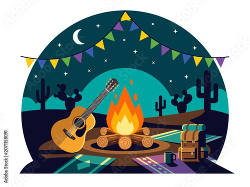 Φωτογραφία Flat vector of desert campsite at night with campfire, guitar, backpack, and bunting under stars
